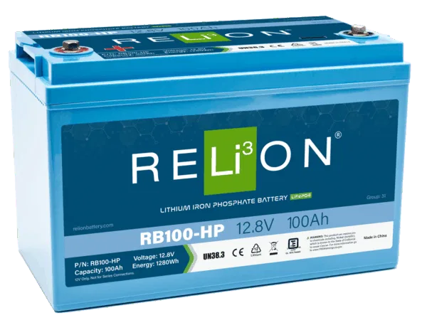 RB100-HP – RELION Battery, Group 31 12 Volt 100 AH Capacity M8 Threaded Stud Top Terminals Lithium 13 Inch Length 6.8...